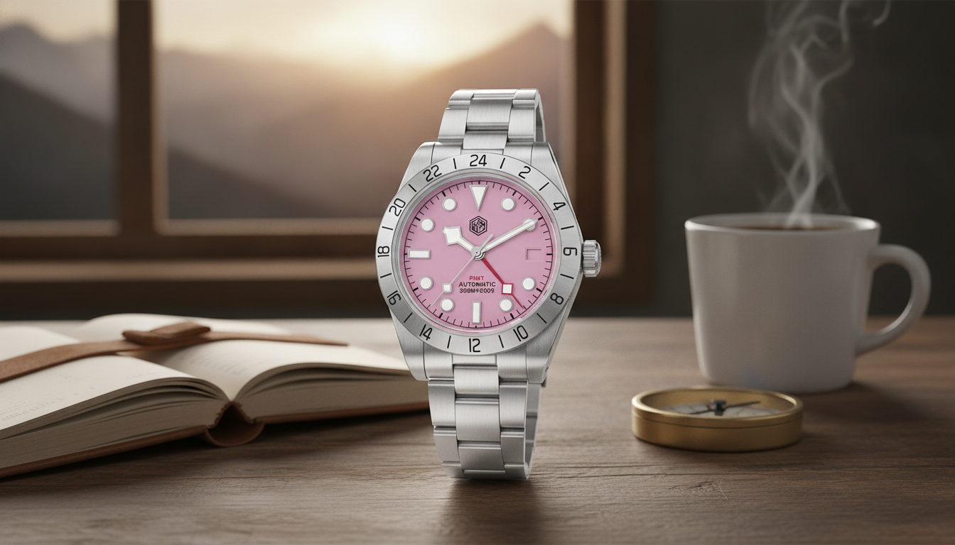 39mm Automatic GMT Men’s Watch: Pink Dial, Sapphire