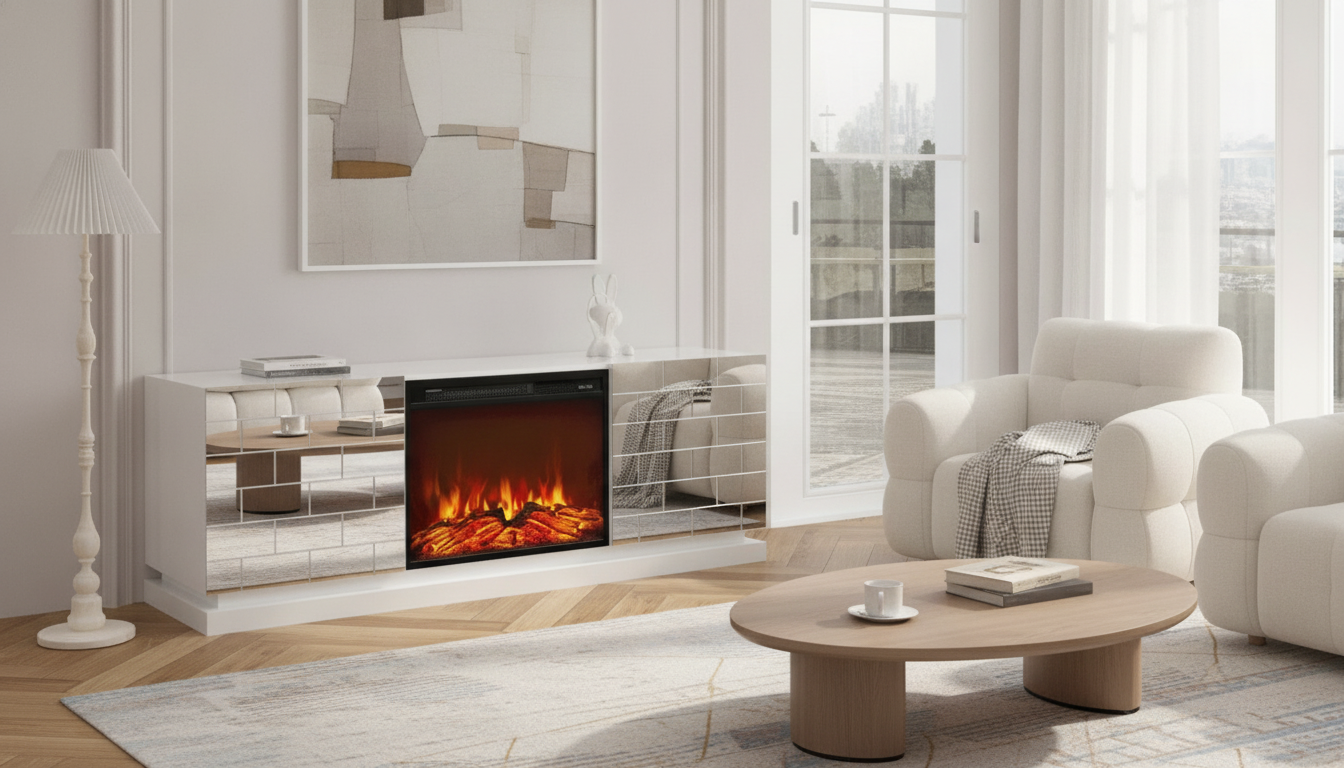 Mirrored Media Console Fireplace: Sliding Door Style