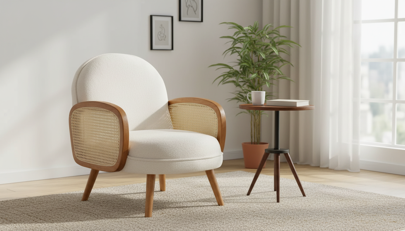 Nordic Rattan Accent Chair: Solid Wood & Modern Fabric