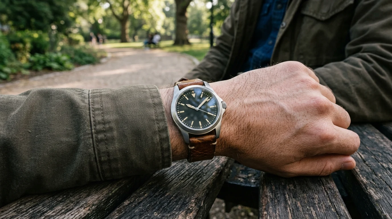 Rugged Military-Style Quartz Watch With Leather Strap